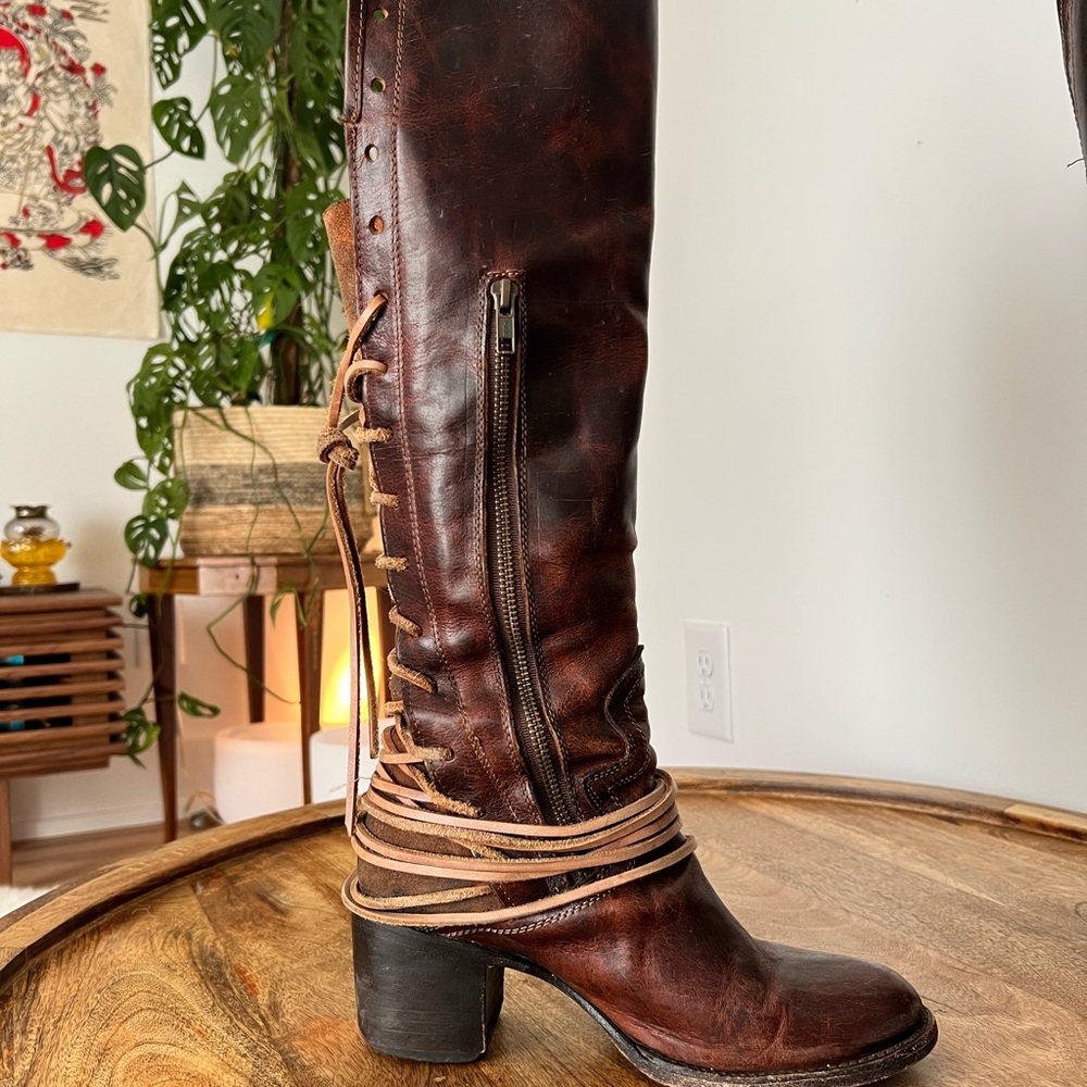 Freebird Coal Lace-Up Tall Leather Boots in Chestnut Brown/Cognac - Picture 5 of 12